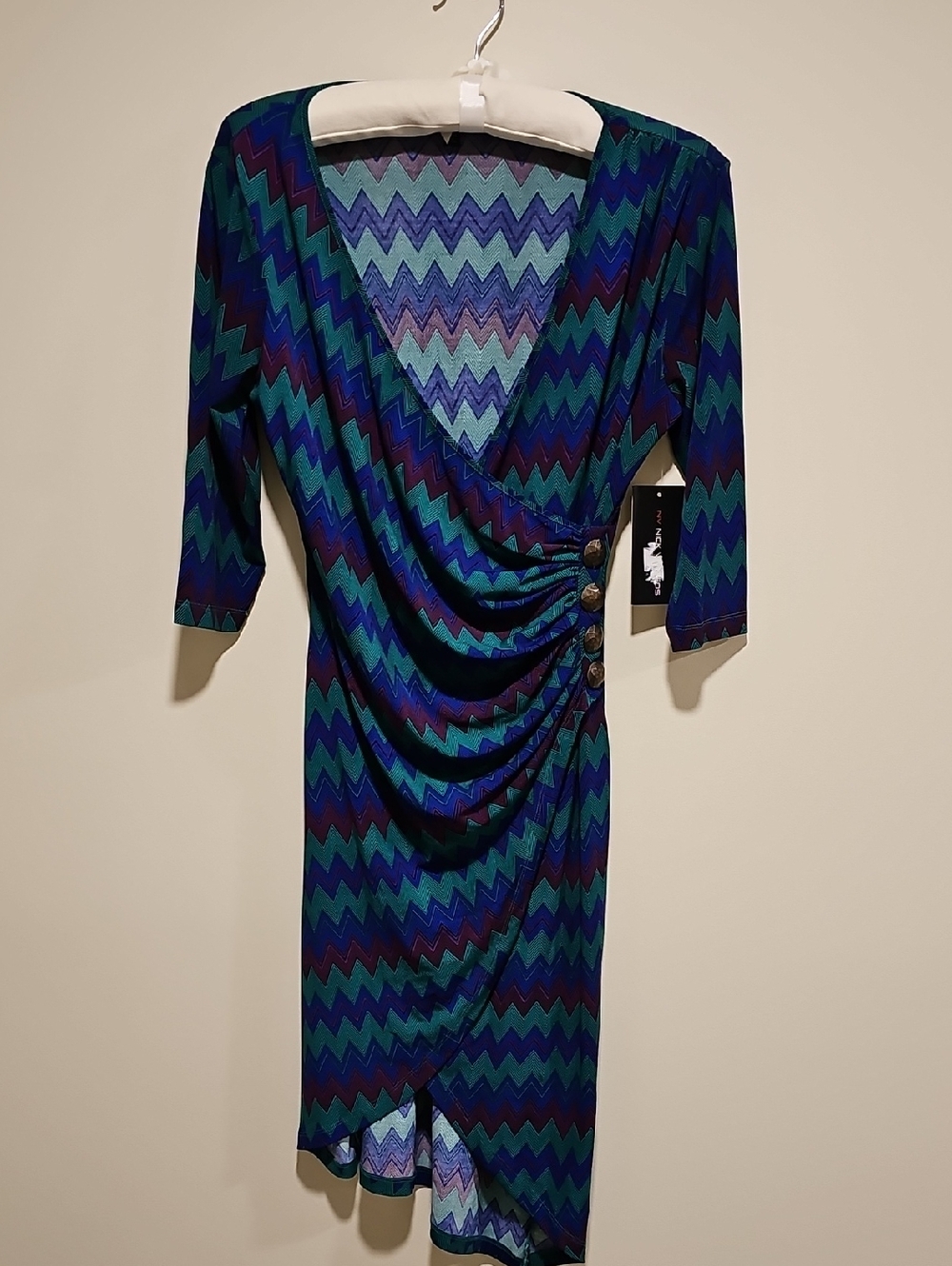 Chevron-Print Asymmetrical Wrap Dress in Teal & Navy